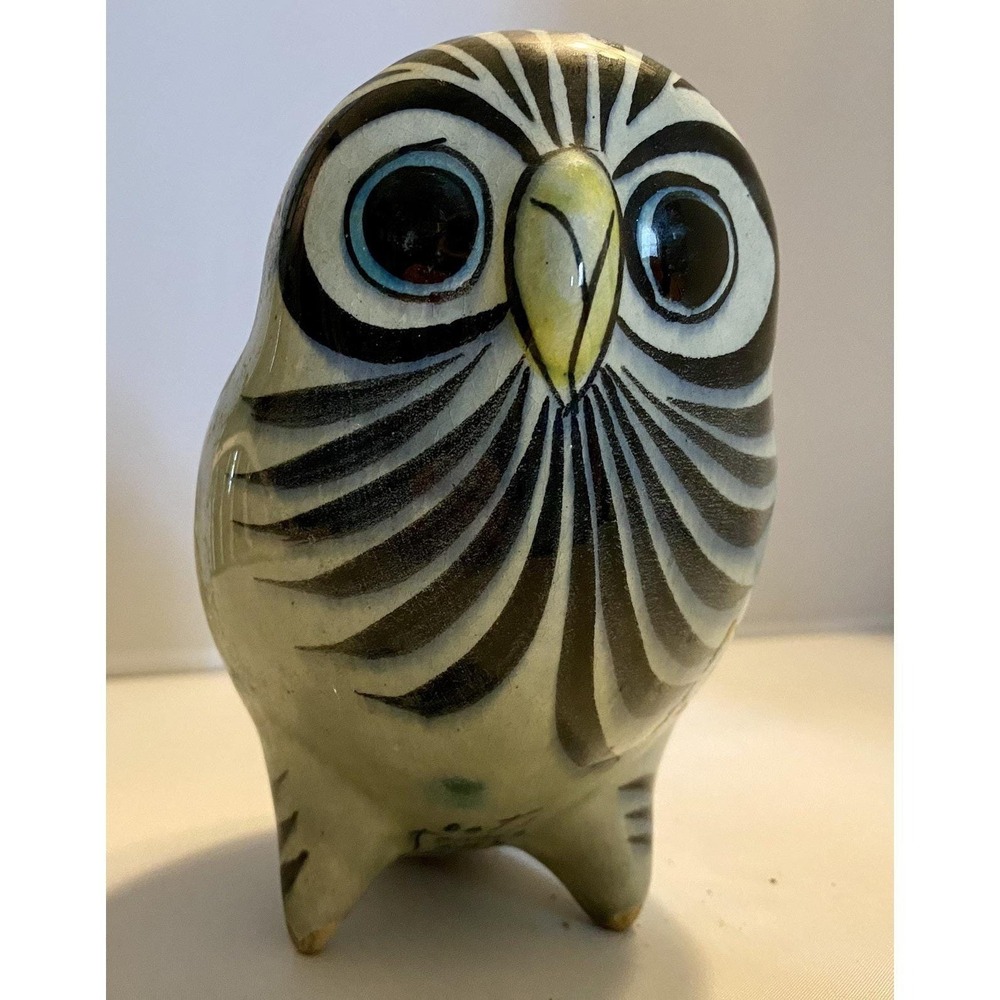 Tonala Owl Figure Mexican Folk Art Pottery Hand Painted Signed 5"